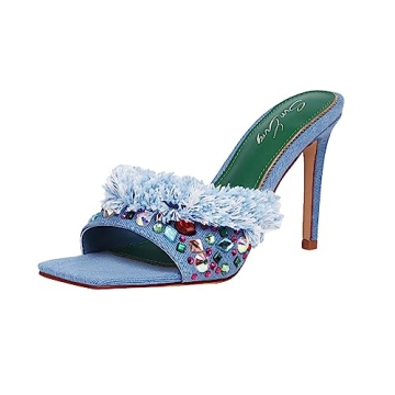 sun gurg Women Denim Heels Sandals Square Toe Rhinestones Stiletto High Heels