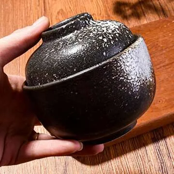LMRLCS Ceramic Soup and Cereal Bowl with Lid 7.7 oz Microwave Bowl Japanese Bowl for Soup Cereal Snacks and Desserts Black