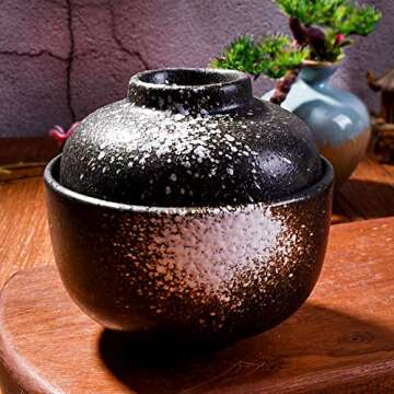 LMRLCS Ceramic Soup and Cereal Bowl with Lid 7.7 oz Microwave Bowl Japanese Bowl for Soup Cereal Snacks and Desserts Black