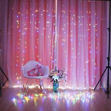 Curtain Lights, 8 Modes Fairy Lights String with Remote Controller, IP64 Waterproof, USB Plug in Twinkle Lights for Weddings, Parties, Backdrop, Wall Decorations, 300 Led（ 9.8x9.8Ft, Multicolor）