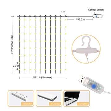 Curtain Lights, 8 Modes Fairy Lights String with Remote Controller, IP64 Waterproof, USB Plug in Twinkle Lights for Weddings, Parties, Backdrop, Wall Decorations, 300 Led（ 9.8x9.8Ft, Multicolor）