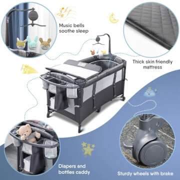 BabyBond Baby Bassinet Bedside Crib, Pack and Play with Sheet, Diaper Changing Table and Music Mobile from Newborn to Toddles, Portable Large Playard