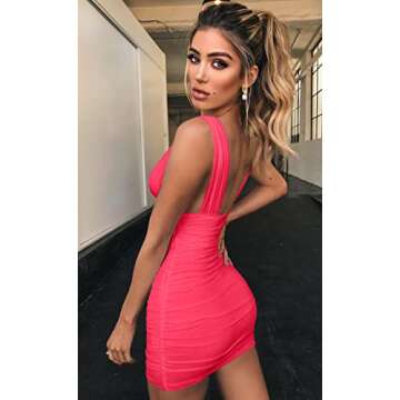 GOBLES Women's Sexy Bodycon Sleeveless Ruched Party Mini Cocktail Dress Fluo Pink