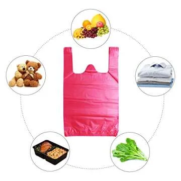 LazyMe T-Shirt Carry-Out Bags, Bolsas De Plastico Para Negocio, Plastic Grocery Bags Rose Sturdy Handled Merchandise Bags, Standard Supermarket Size, 12 x 20 Inches (Rose Red, 100 Pcs)