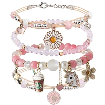 DS Beaded Charm Bracelets for Teen Girls Cute Cartoon 4 PCS Crystal Beads Pearl anime Bracelets for ...