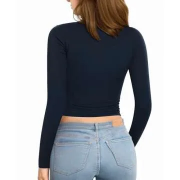 MANGOPOP Long Sleeve Shirts for Women Boat Neck Top Slim Fit T Shirt Tight Tops Tee Deep Blue