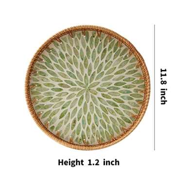 Round Rattan Tray with Mother of Pearl Inlay, Rattan Serving Tray with Wooden Base, Decorative Wicker Basket for Table Decor, Storage and Display of Coffee Bread Food Fruit (Leaf)