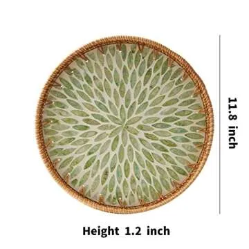 Round Rattan Tray with Mother of Pearl Inlay, Rattan Serving Tray with Wooden Base, Decorative Wicker Basket for Table Decor, Storage and Display of Coffee Bread Food Fruit (Leaf)