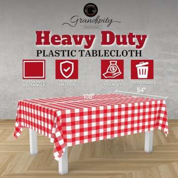Grandipity 12 Pack Premium Disposable Plastic Picnic Tablecloth 54 Inch. x 108 Inch. Decorative Rectangle Table Cover - Red Checkered Gingham