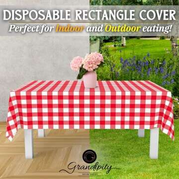 Grandipity 12 Pack Premium Disposable Plastic Picnic Tablecloth 54 Inch. x 108 Inch. Decorative Rectangle Table Cover - Red Checkered Gingham