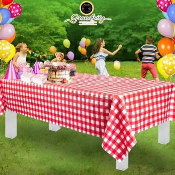 Grandipity 12 Pack Premium Disposable Plastic Picnic Tablecloth 54 Inch. x 108 Inch. Decorative Rectangle Table Cover - Red Checkered Gingham