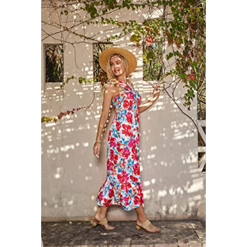 2024 Summer Women's Criss Cross Halterneck Flowy Boho Maxi Beach Dress Multicolor XL
