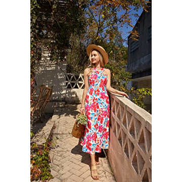 2024 Summer Women's Criss Cross Halterneck Flowy Boho Maxi Beach Dress Multicolor XL