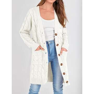 PRETTYGARDEN Long Sleeve Cable Knit Long Cardigan for Women 2024 Fall Winter Chunky Open Front Button Sweaters with Pockets (White, Medium)