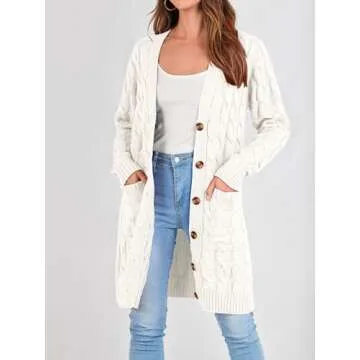 PRETTYGARDEN Long Sleeve Cable Knit Long Cardigan for Women 2024 Fall Winter Chunky Open Front Button Sweaters with Pockets (White, Medium)