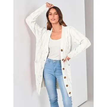 PRETTYGARDEN Long Sleeve Cable Knit Long Cardigan for Women 2024 Fall Winter Chunky Open Front Button Sweaters with Pockets (White, Medium)
