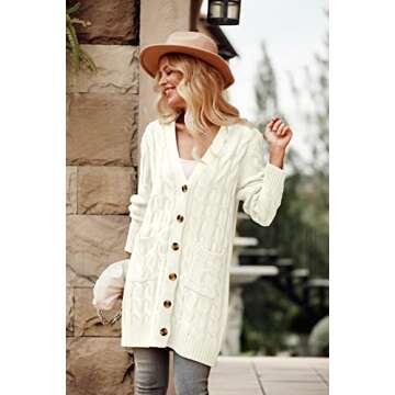 PRETTYGARDEN Long Sleeve Cable Knit Long Cardigan for Women 2024 Fall Winter Chunky Open Front Button Sweaters with Pockets (White, Medium)
