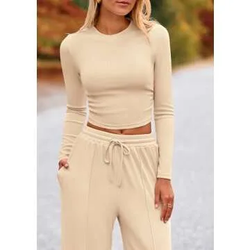 PRETTYGARDEN Women's 2 Piece Loungewear Long Sleeve Crop Top Wide Leg Palazzo Pants Set Tracksuits Casual Outfit