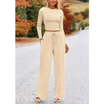 PRETTYGARDEN Women's 2 Piece Loungewear Long Sleeve Crop Top Wide Leg Palazzo Pants Set Tracksuits Casual Outfit