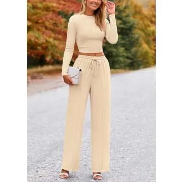 PRETTYGARDEN Women's 2 Piece Loungewear Long Sleeve Crop Top Wide Leg Palazzo Pants Set Tracksuits Casual Outfit
