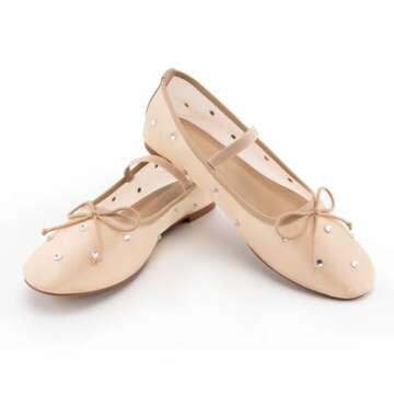 Gradinery Women's Crystal Mesh Ballet Flats Shoes Round Toe Slip On Ballerina Flats for Women Rhinestone Flats Shoes Dressy Comfortable Casual Styles Mary Jane Beige 8.5