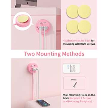 Pink Extension Cord 15ft, NTONPOWER Flat Plug Power Strip with Long Extension Cord, 3 Outlet 2 USB Desktop Charging Station Wall Mount for Home, Dorm Room, Office and Nightstand, ETL Listed