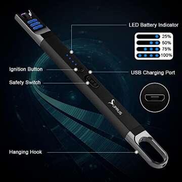 SUPRUS Candle Lighter Electric Arc Lighter Windproof Flameless USB Rechargeable Lighter with LED Light for Candle Camping BBQ Cooking (Black)
