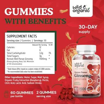 Wild & Organic Panax Ginseng Gummies 1500 mg - Korean Red Ginseng Supplement for Energy, Brain & Immune Support - Vegan, Non-GMO Root Powder Based Chews - 60 Count