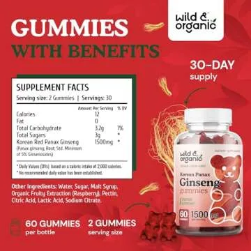 Wild & Organic Panax Ginseng Gummies 1500 mg - Korean Red Ginseng Supplement for Energy, Brain & Immune Support - Vegan, Non-GMO Root Powder Based Chews - 60 Count