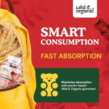 Wild & Organic Panax Ginseng Gummies 1500 mg - Korean Red Ginseng Supplement for Energy, Brain & Immune Support - Vegan, Non-GMO Root Powder Based Chews - 60 Count