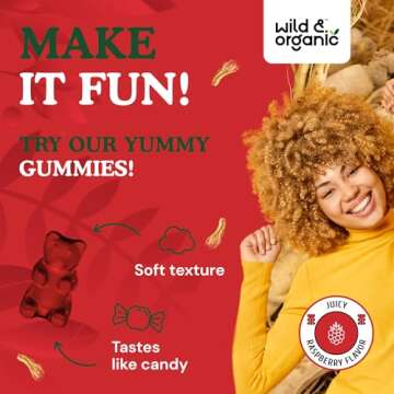 Wild & Organic Panax Ginseng Gummies 1500 mg - Korean Red Ginseng Supplement for Energy, Brain & Immune Support - Vegan, Non-GMO Root Powder Based Chews - 60 Count