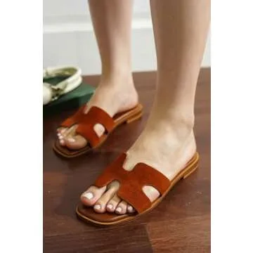 Project Cloud Fashion Flat Summer Sandals for Women 2025 - Leather Womens Sandals Comfortable Memory Foam Slides for Women Footwear - Mules Women's Sandals - Walking Sandals Women (Jannel, Brwn, 5.5)