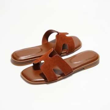 Project Cloud Fashion Flat Summer Sandals for Women 2025 - Leather Womens Sandals Comfortable Memory Foam Slides for Women Footwear - Mules Women's Sandals - Walking Sandals Women (Jannel, Brwn, 5.5)