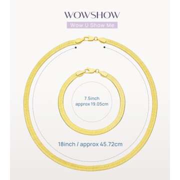 Wowshow Real Gold Plated Italian Snake Chain Necklace Flat Herringbone Choker Dainty Necklace Bracelet Set for Women 4.5MM 18 Inch