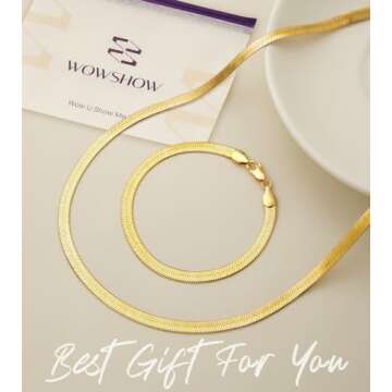 Wowshow Real Gold Plated Italian Snake Chain Necklace Flat Herringbone Choker Dainty Necklace Bracelet Set for Women 4.5MM 18 Inch