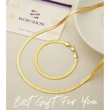 Wowshow Real Gold Plated Italian Snake Chain Necklace Flat Herringbone Choker Dainty Necklace Bracelet Set for Women 4.5MM 18 Inch