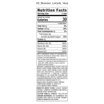 Monster Energy, Lo-Carb Monster, Low Carb Energy Drink, 16 Ounce (Pack of 15)
