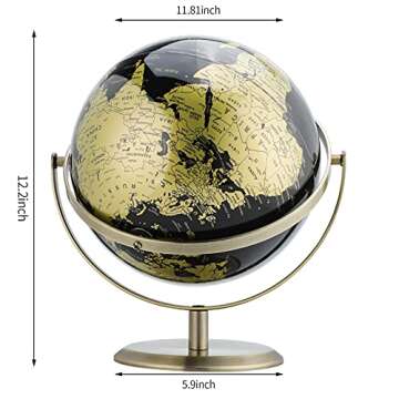 MERRG Globe, 8 inches20 cm, educationgeographyhome Decoration-Luxury Black Gold-Metal Dual-axis 720 Degree Flexible Rotation-Suitable for Children, Homes and Offices (8 inches in Diameter).