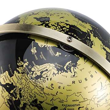 MERRG Globe, 8 inches20 cm, educationgeographyhome Decoration-Luxury Black Gold-Metal Dual-axis 720 Degree Flexible Rotation-Suitable for Children, Homes and Offices (8 inches in Diameter).