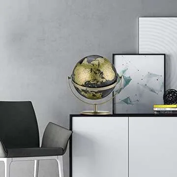 MERRG Globe, 8 inches20 cm, educationgeographyhome Decoration-Luxury Black Gold-Metal Dual-axis 720 Degree Flexible Rotation-Suitable for Children, Homes and Offices (8 inches in Diameter).