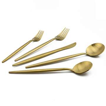 BRIIEC 20-Pieces Gold 18/10 Stainles Steel Flatware Set, Knife Fork Spoon Silverware Set, Dinnerware...