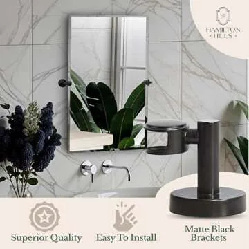 Hamilton Hills 24x36 inch Frameless Pivot Mirrors for Bathrooms with Matte Black Rounded Wall Brackets | Rectangular Tilting & Farmhouse Wall-Mounted Vanity | Hangs Horizontally and Vertically