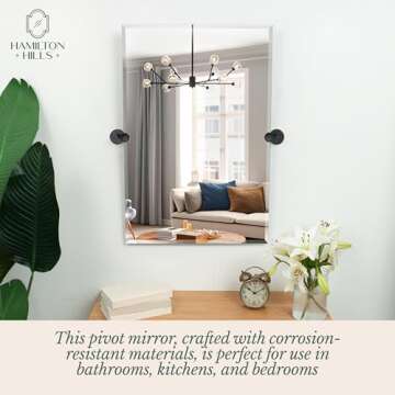 Hamilton Hills 24x36 inch Frameless Pivot Mirrors for Bathrooms with Matte Black Rounded Wall Brackets | Rectangular Tilting & Farmhouse Wall-Mounted Vanity | Hangs Horizontally and Vertically