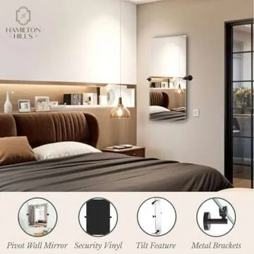 Hamilton Hills 24x36 inch Frameless Pivot Mirrors for Bathrooms with Matte Black Rounded Wall Brackets | Rectangular Tilting & Farmhouse Wall-Mounted Vanity | Hangs Horizontally and Vertically