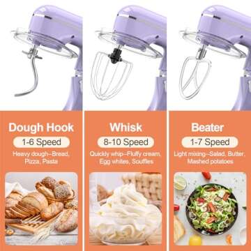 CEBORY 3-IN-1 Electric Stand Mixer, 6.5QT Bowl 660W 10-Speed Kitchen Mixer, Household Food Mixers include Dough Hook, Beater and Whisk, Bread Cake Mixer for Baking and Most Home Cooks, Purple