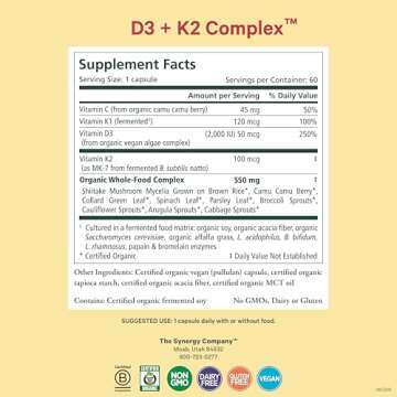 PURE SYNERGY D3 + K2 Complex | Vegan Vitamin D3 K2 Complex | Organic Vitamin D3 Supplement with Vita...