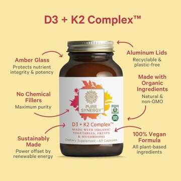 PURE SYNERGY D3 + K2 Complex | Vegan Vitamin D3 K2 Complex | Organic Vitamin D3 Supplement with Vitamin K2 and K1 Plus Organic Whole Foods | Supports Bone, Brain, and Immune Health (60 Capsules)