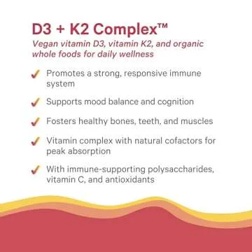 PURE SYNERGY D3 + K2 Complex | Vegan Vitamin D3 K2 Complex | Organic Vitamin D3 Supplement with Vitamin K2 and K1 Plus Organic Whole Foods | Supports Bone, Brain, and Immune Health (60 Capsules)