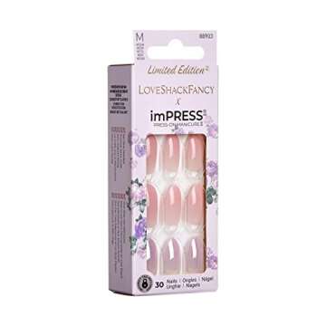 KISS LoveShackFancy x imPRESS Press-On Manicure Limited Edition, Style "Blushing Lavender" Medium Almond Pink Press-On Nails, Includes Prep Pad, Mini Nail File, Cuticle Stick, & 30 Fake Nails