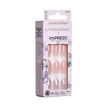 KISS LoveShackFancy x imPRESS Press-On Manicure Limited Edition, Style "Blushing Lavender" Medium Almond Pink Press-On Nails, Includes Prep Pad, Mini Nail File, Cuticle Stick, & 30 Fake Nails